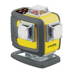 Yellow and gray rotary laser level on a rugged base for construction use (leveling tool). The device has a yellow body with protective gray housing and a rotating laser head on a stand.