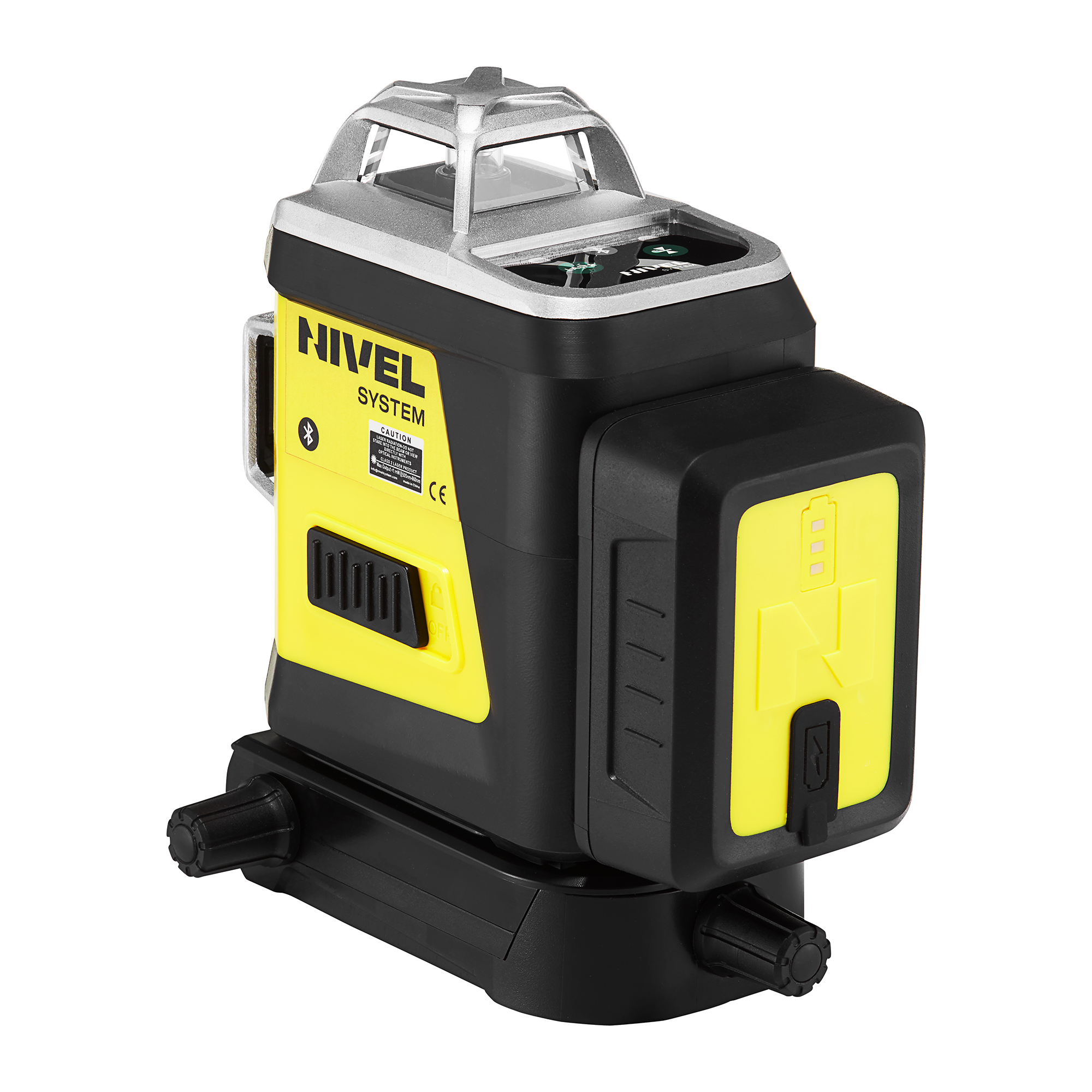 Close-up of a Nivel System laser level: yellow and black body with a silver top and control panel area visible