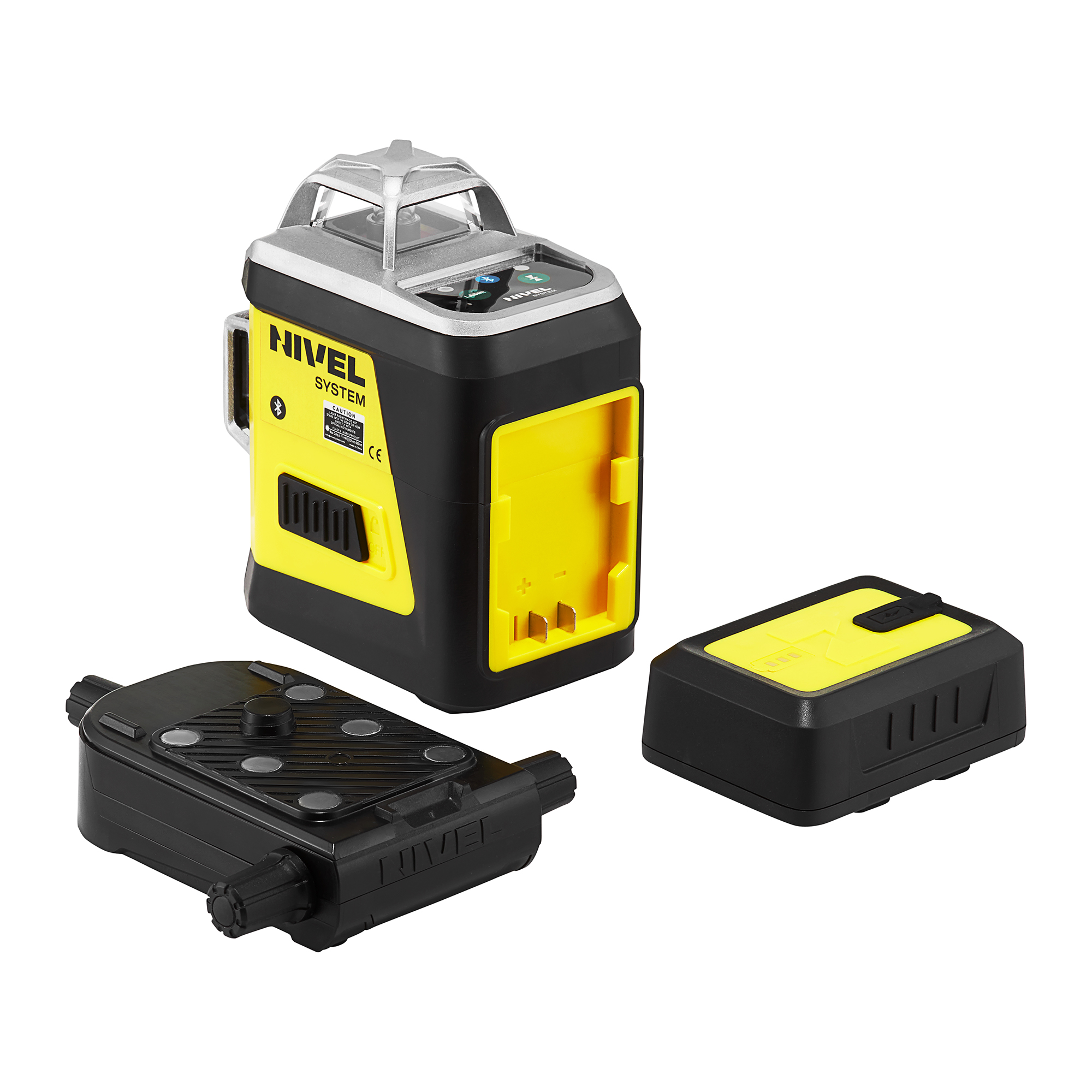 Rotary laser level in yellow and black for precise leveling on construction sites with top sighting dome and battery compartment