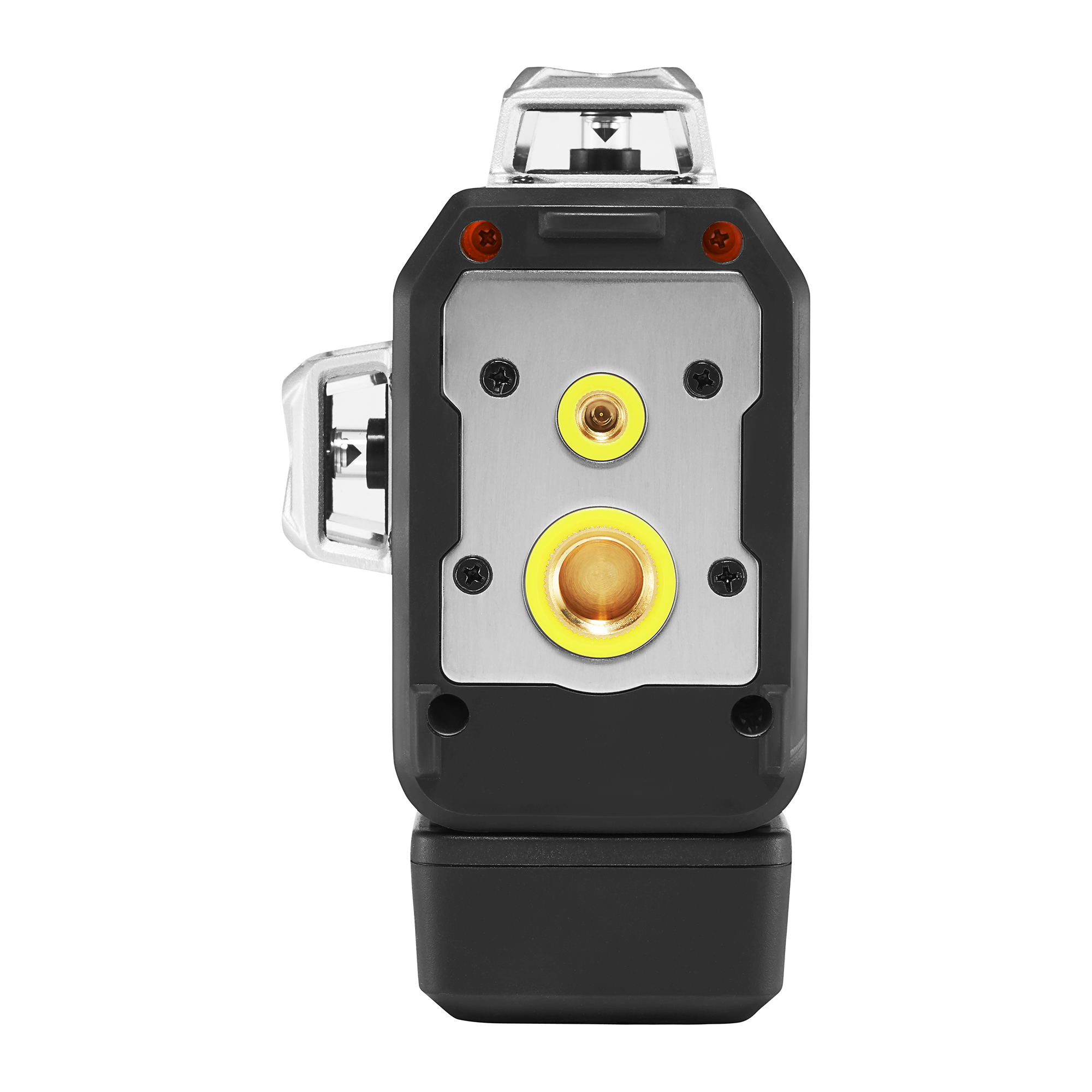 Close-up of a handheld tool front with a dark gray body, two yellow circular elements, red screws, and a translucent top section against a white background.