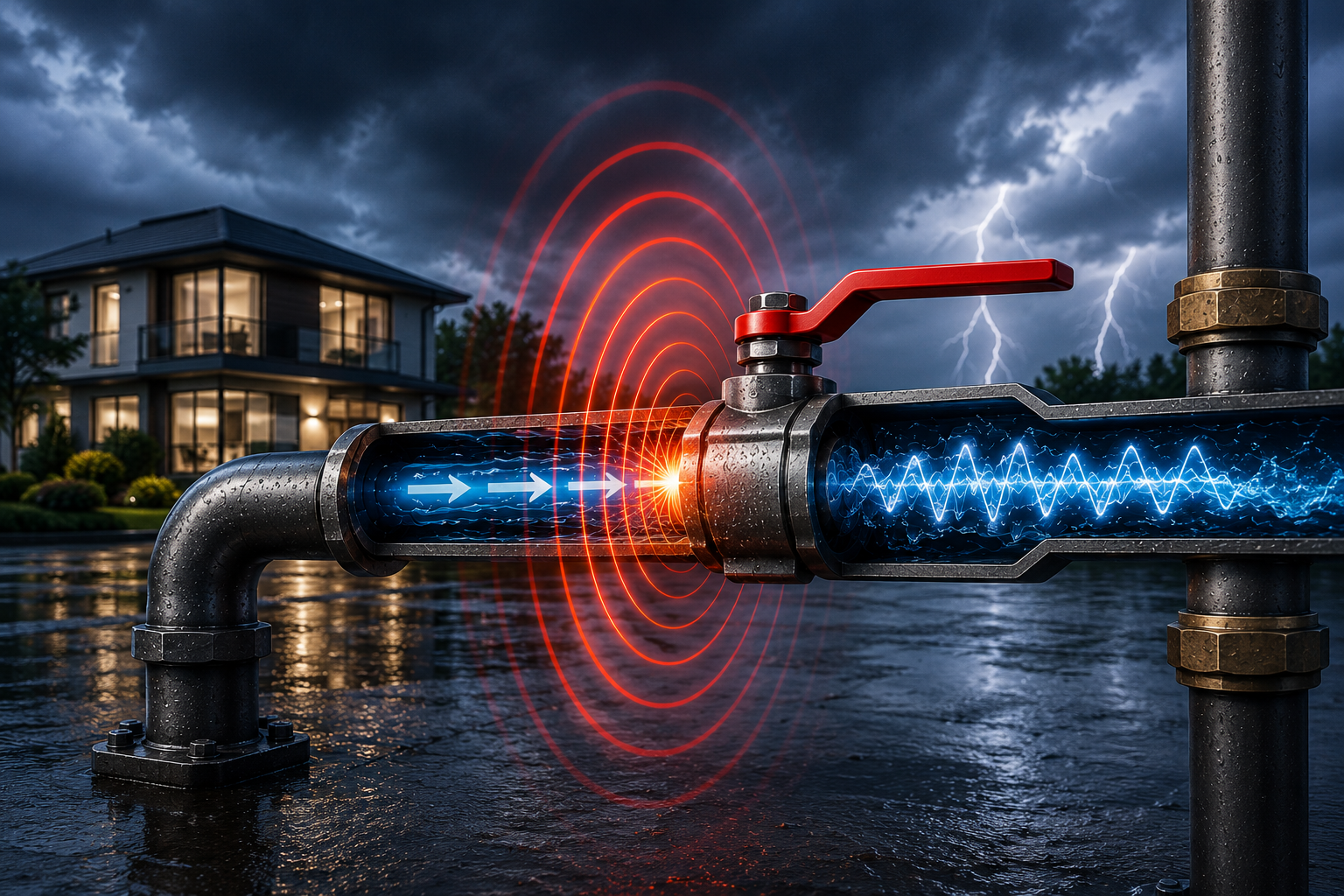 Industrial pipeline with a glowing blue energy stream and a red valve, set against a stormy night and lightning in the background.【informative image】