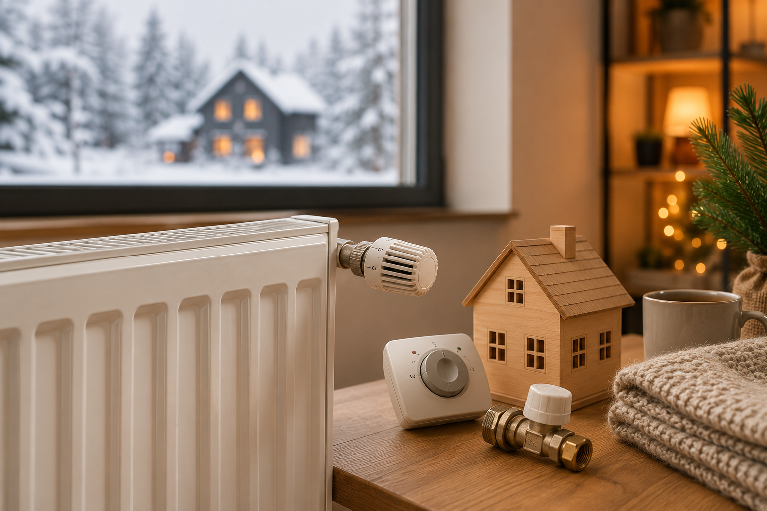 Cozy winter indoor scene with a radiator and thermostat on a wooden table, plus a wooden house model, mug, and folded blanket; snowy window in background.