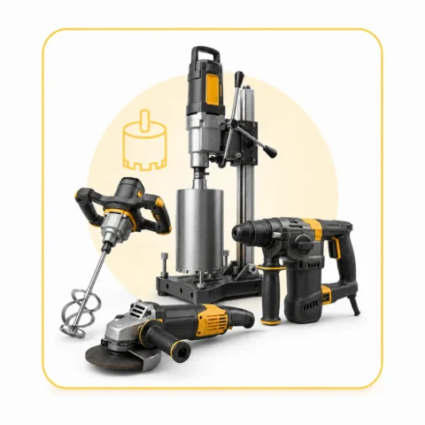 Set of yellow-and-black cordless power tools arranged on a white surface (drill, drill press, grinder, mixer) with a pale yellow circle in the background