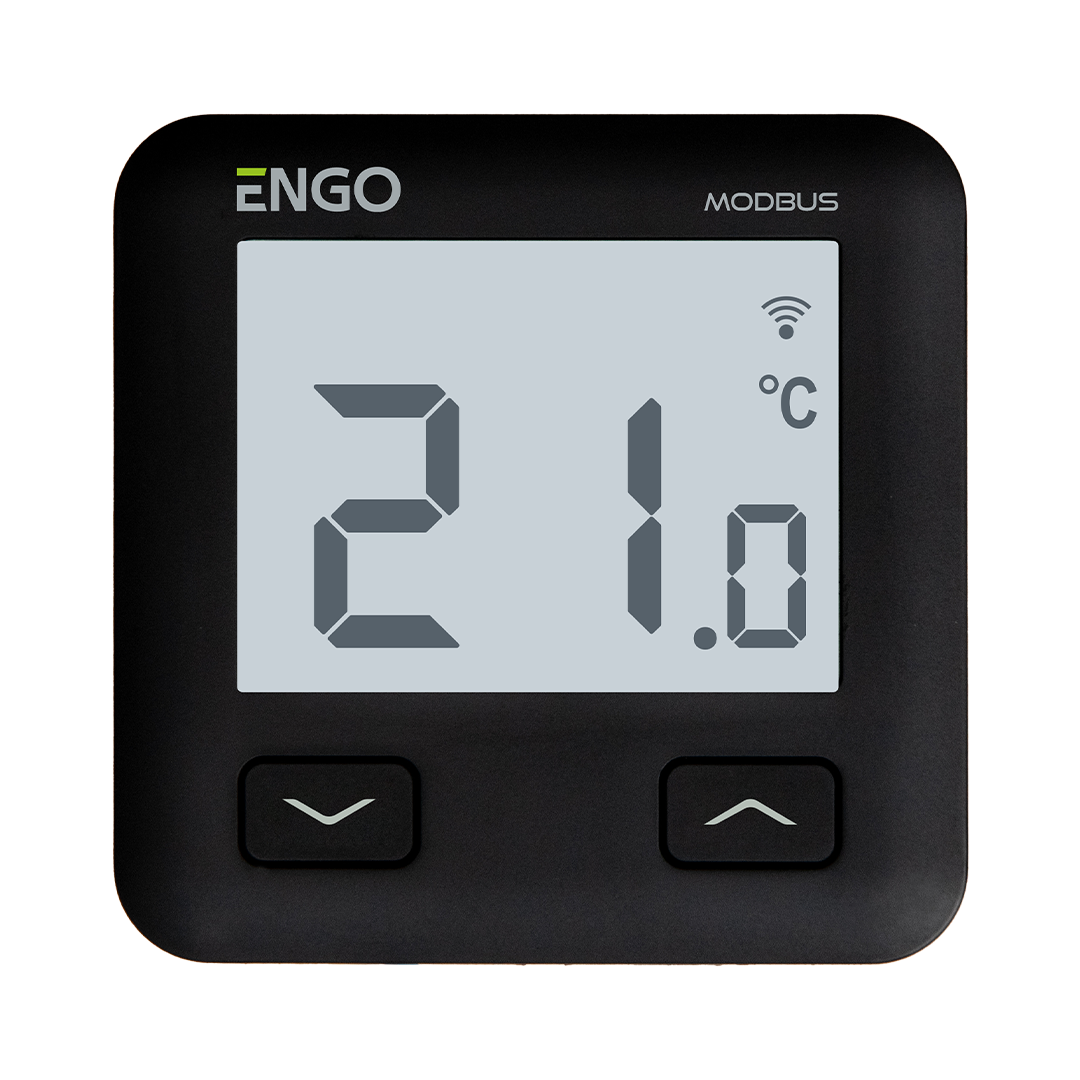 Digital thermostat showing 21.0°C with Wi‑Fi indicator and two navigation buttons underneath (ENGO MODBUS device).
