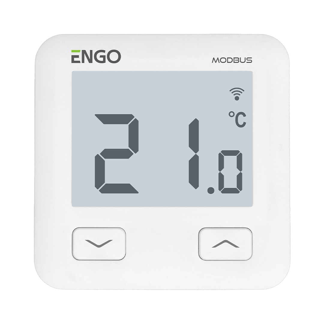 Digital thermostat display showing 21.0°C with up/down buttons and ENGO Modbus branding