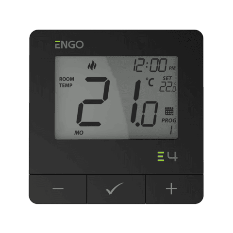 ENGO Термостат, жичен - програмируем черен, захранване 230 V,
подходящ за подово, отопление / охлаждане, безшумен