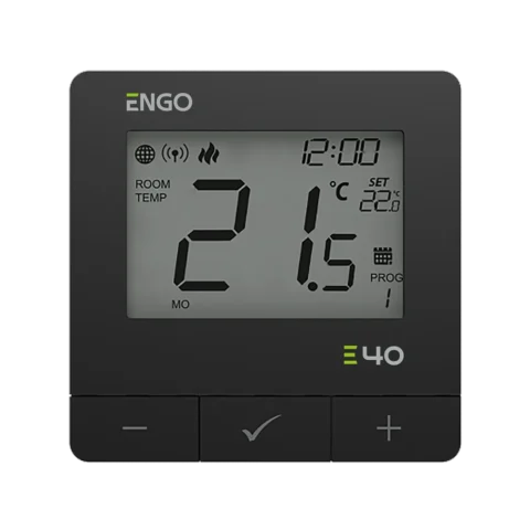 Digital room thermostat with large display showing 21.5°C and 12:00, branded ENGO E40, with minus/plus and check buttons below.