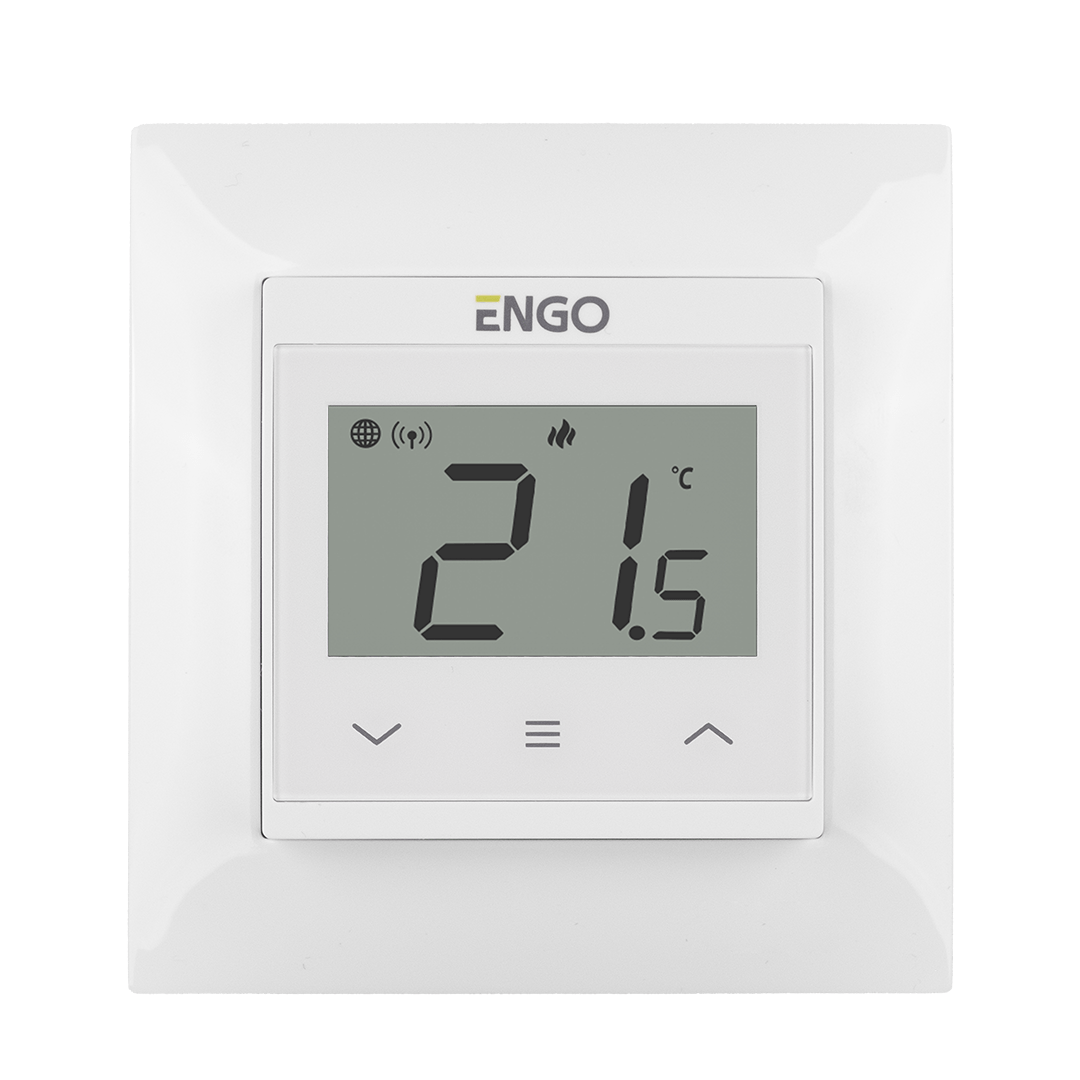 ENGO Термостат цифров Smart, за рамка 55х55мм, жичен, бял, работи и с Wi Fi (приложение ENGO/TUYA), захранване 230 V, подходящ за подово, отопление
