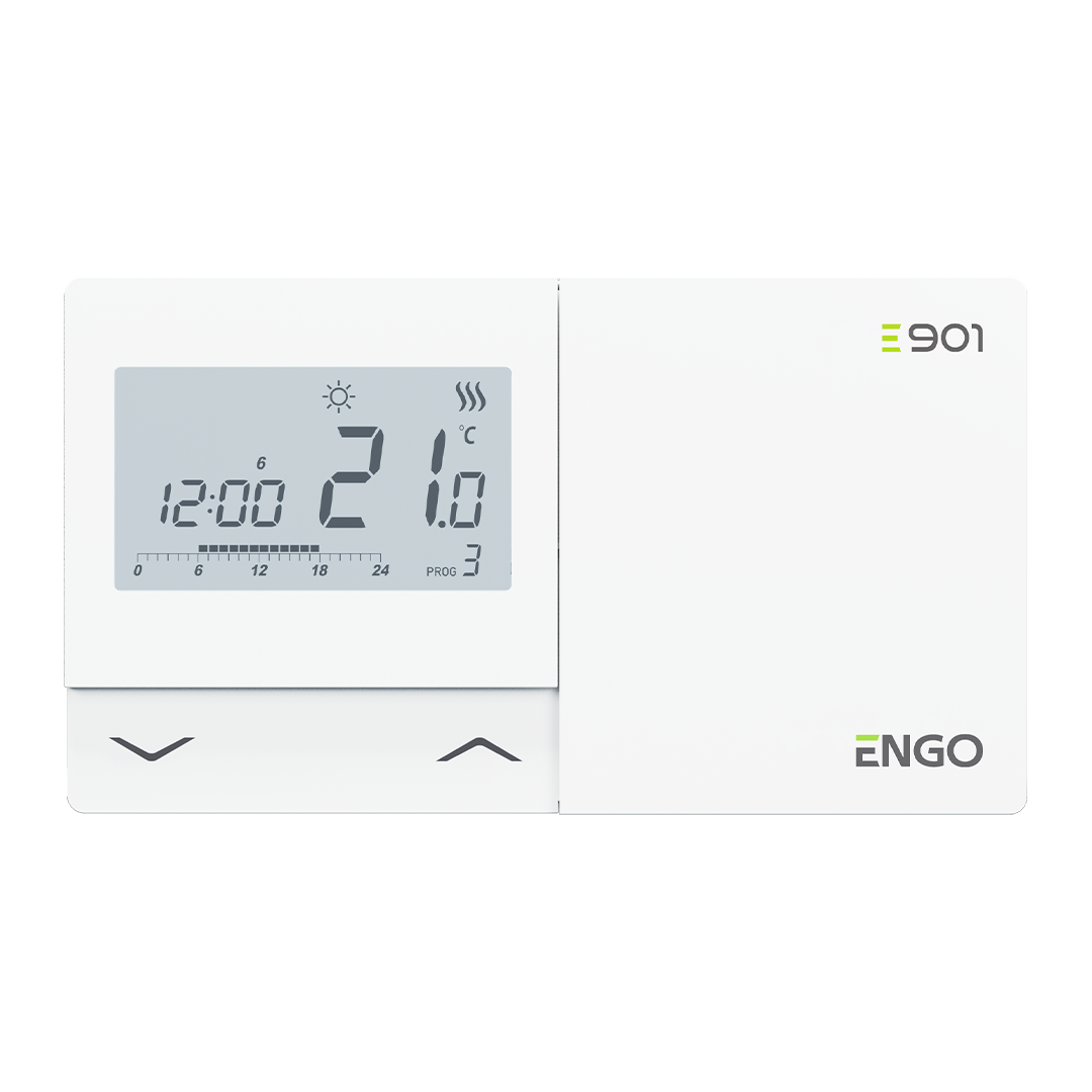 Wall-mounted thermostat with digital display showing 12:00, 21.0°C, and mode icons; ENGO/? device on right side.