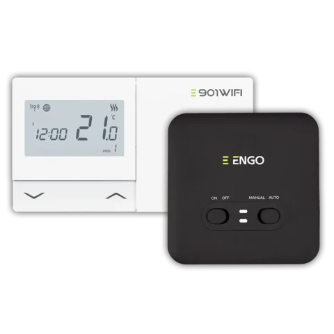 ENGO Термостат, безжичен, на батерии - програмируем свързва се директно с WiFi мрежата (приложение ENGO/TUYA) захранване приемник на 230V, подходящ за подово, отопление / охлаждане