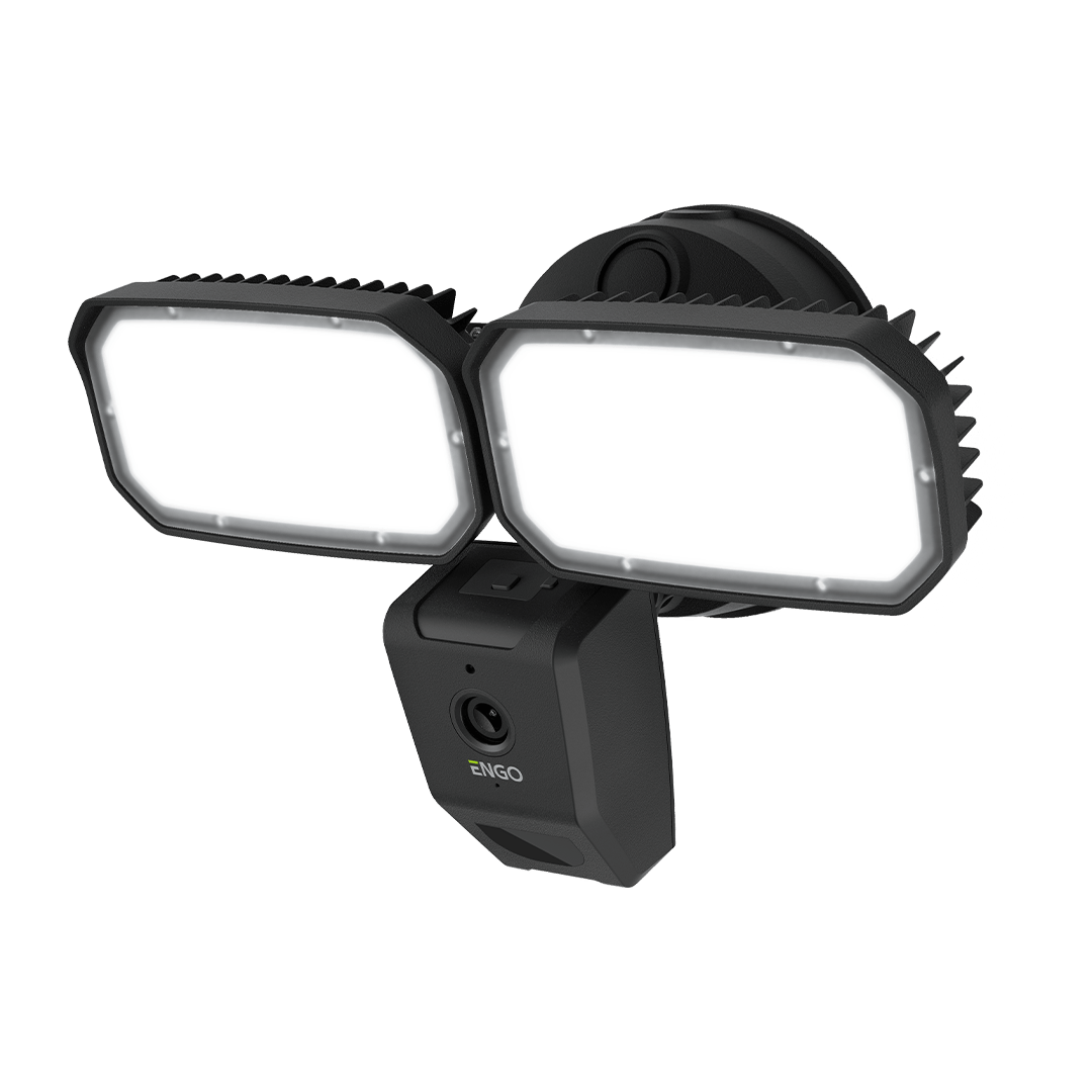Dual rectangular LED floodlights with a central security camera mounted beneath them.