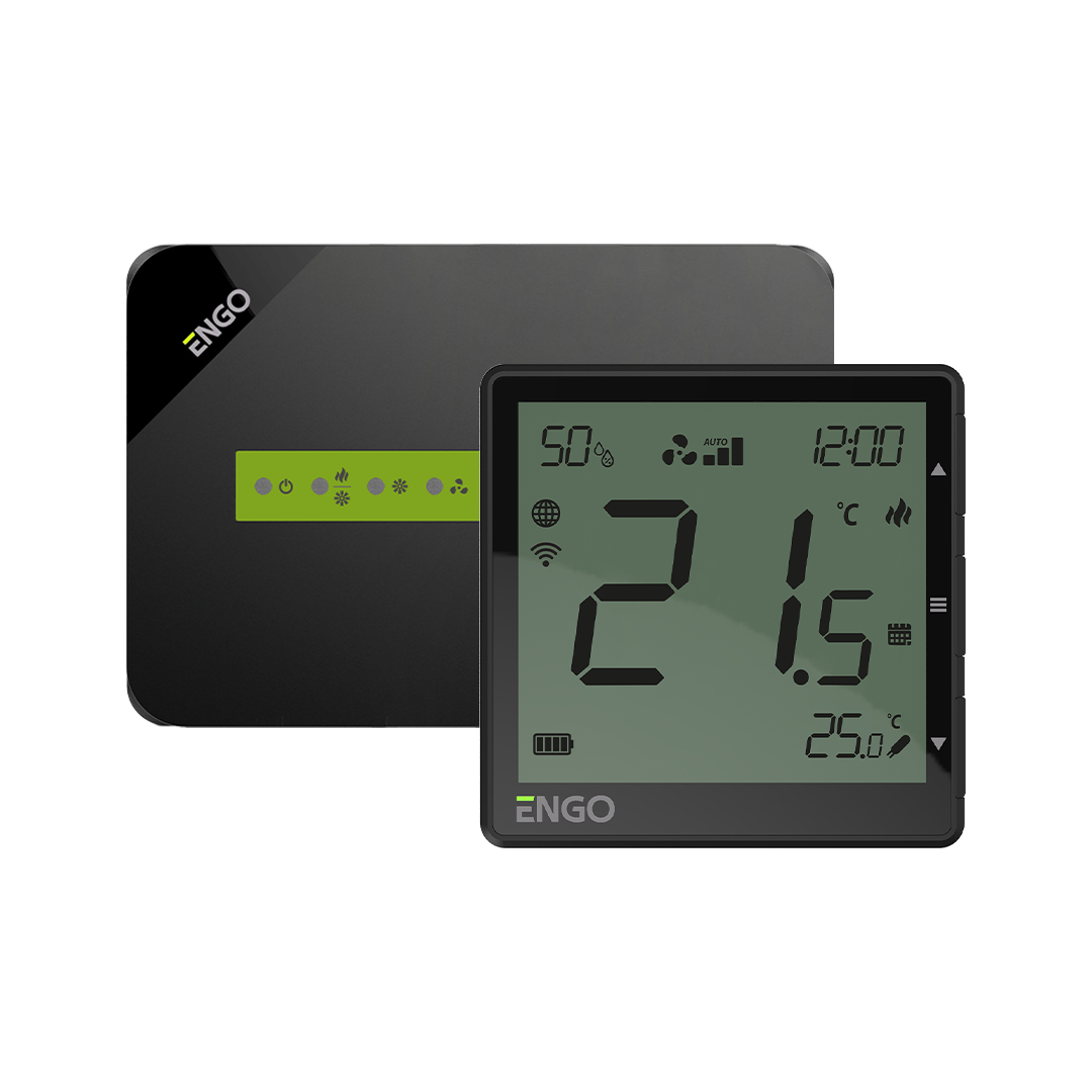 Black ENGO digital thermostat with a large LCD showing 21.5°C and humidity icons.