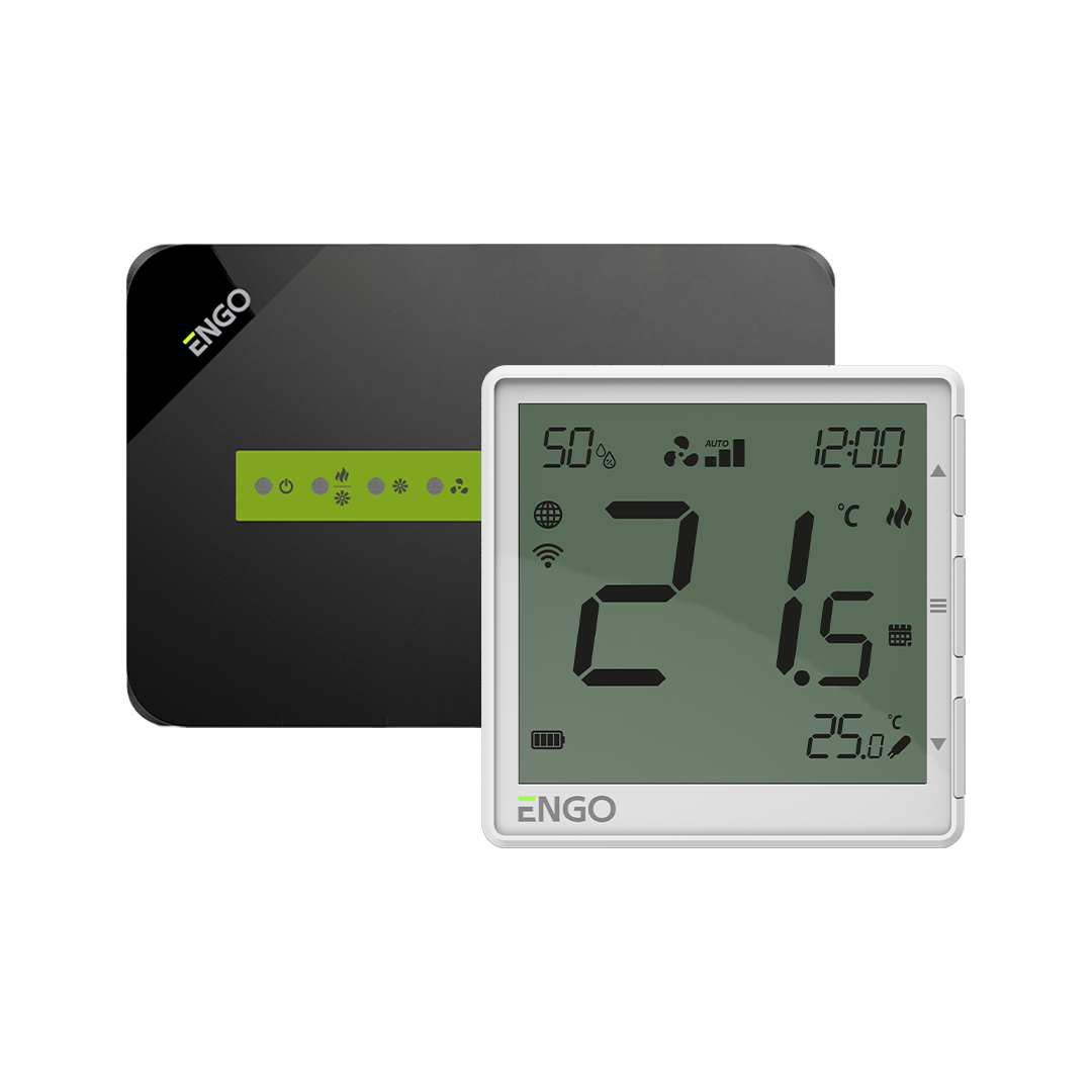 Digital thermostat/display unit showing 21.5°C with 25.0°C reading and icons, ENGO brand on front, wireless receiver in background.