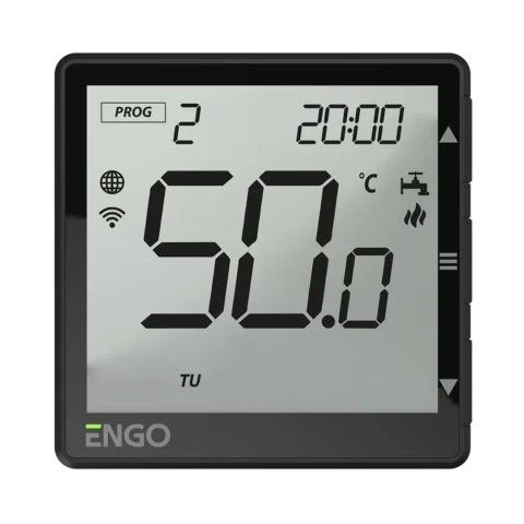 Digital thermostat display showing 50.0°C, program 2, 20:00, with Wi‑Fi and globe icons on the left