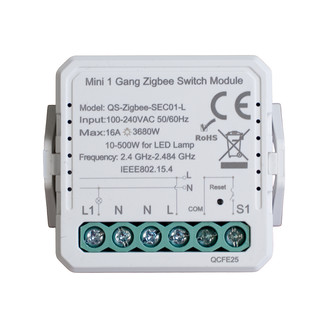 Mini white Zigbee switch module (1-gang) with green screw terminals labeled L1, N, N, L, COM on bottom