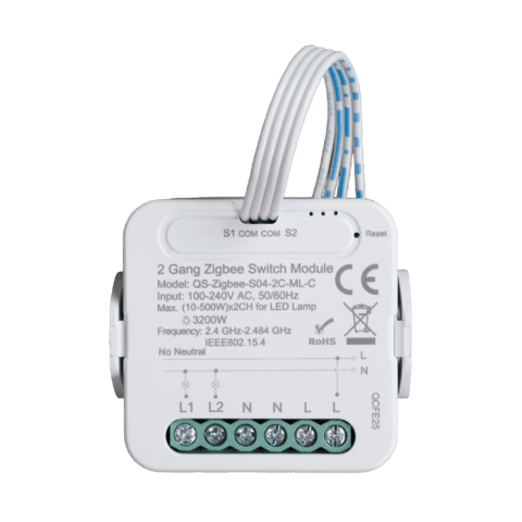 ZigBee двойно смарт реле и усилвател, без нула N, захранване и 2 изхода 230VAC, мощност 2x1150W / 2x250W-LED