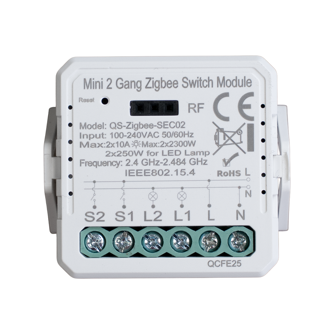 Back of a Mini 2‑Gang Zigbee Switch Module with screw terminals labeled S2, S1, L2, L1, L, N and model QS‑Zigbee‑SEC02.