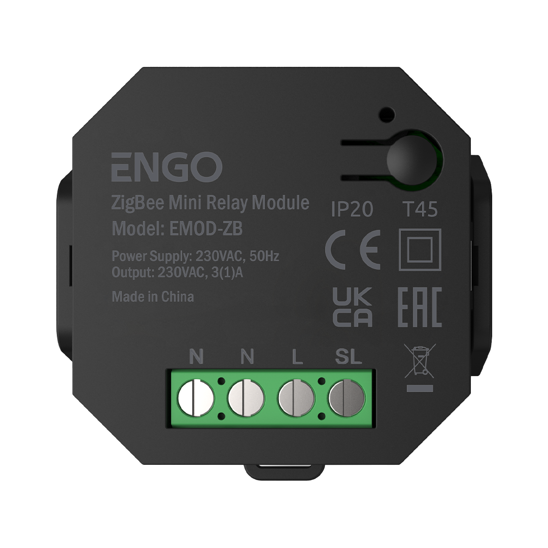 Back view of ENGO ZigBee Mini Relay Module EMOD-ZB showing a green 4-terminal block labeled N, N, L, SL and serial markings on a dark housing
