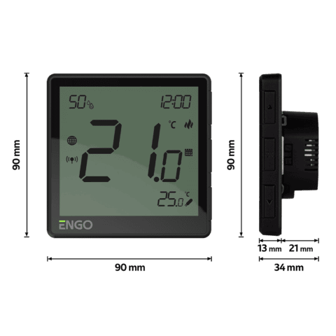 ENGO Термостат черен цифров Smart, жичен със ZigBee комуникация измерва и влажност, захранване 230V, вградено реле ON-OFF