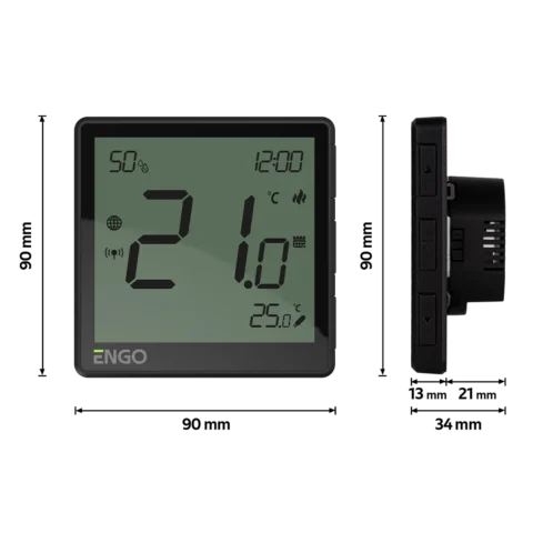 ENGO Термостат черен цифров Smart, жичен със ZigBee комуникация измерва и влажност, захранване 230V, вградено реле ON-OFF