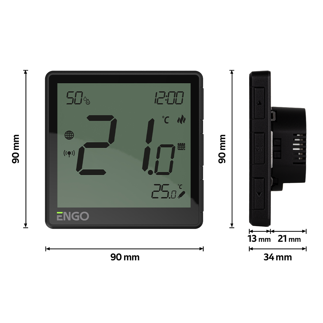 ENGO Термостат черен цифров Smart, жичен със ZigBee комуникация измерва и влажност, захранване 230V, вградено реле ON-OFF