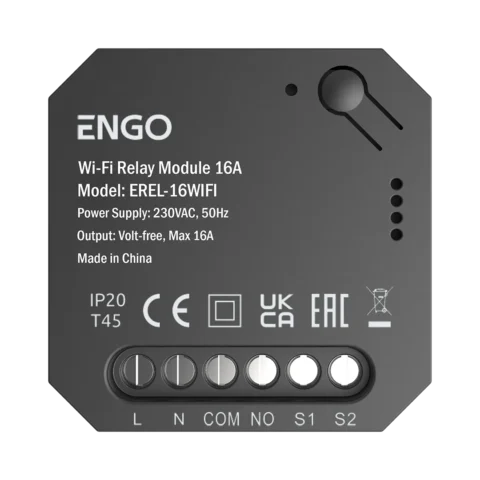 Back view of ENGO Wi‑Fi Relay Module 16A with L, N, COM, NO, S1, S2 terminals and model info (EREL-16WIFI).
