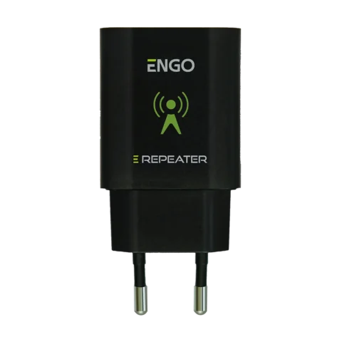 Wireless ENGO Repeater plug-in device with two prongs and green logo on black housing.