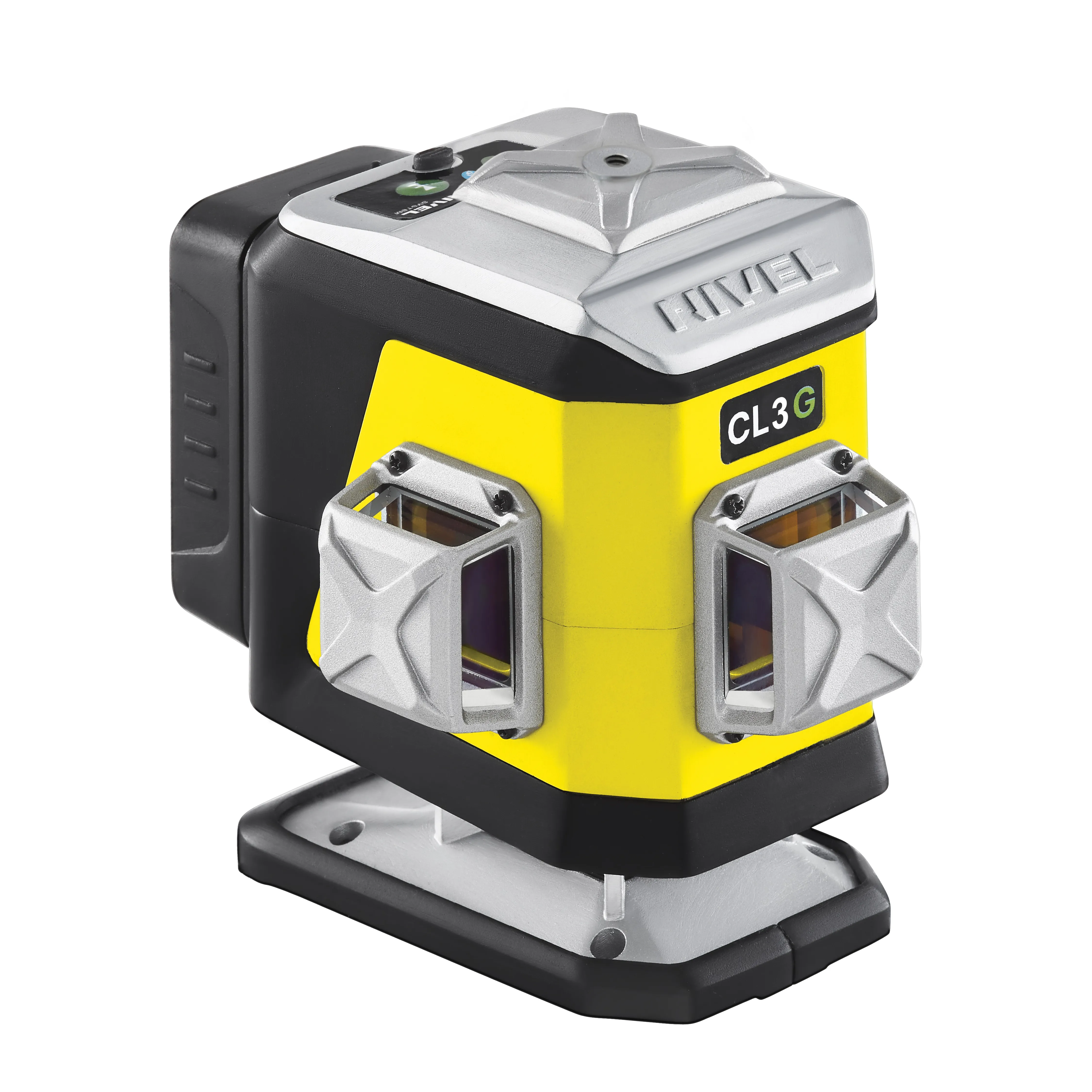 Close-up of a yellow-and-black laser level with a silver top and mounting bracket, used for alignment in construction