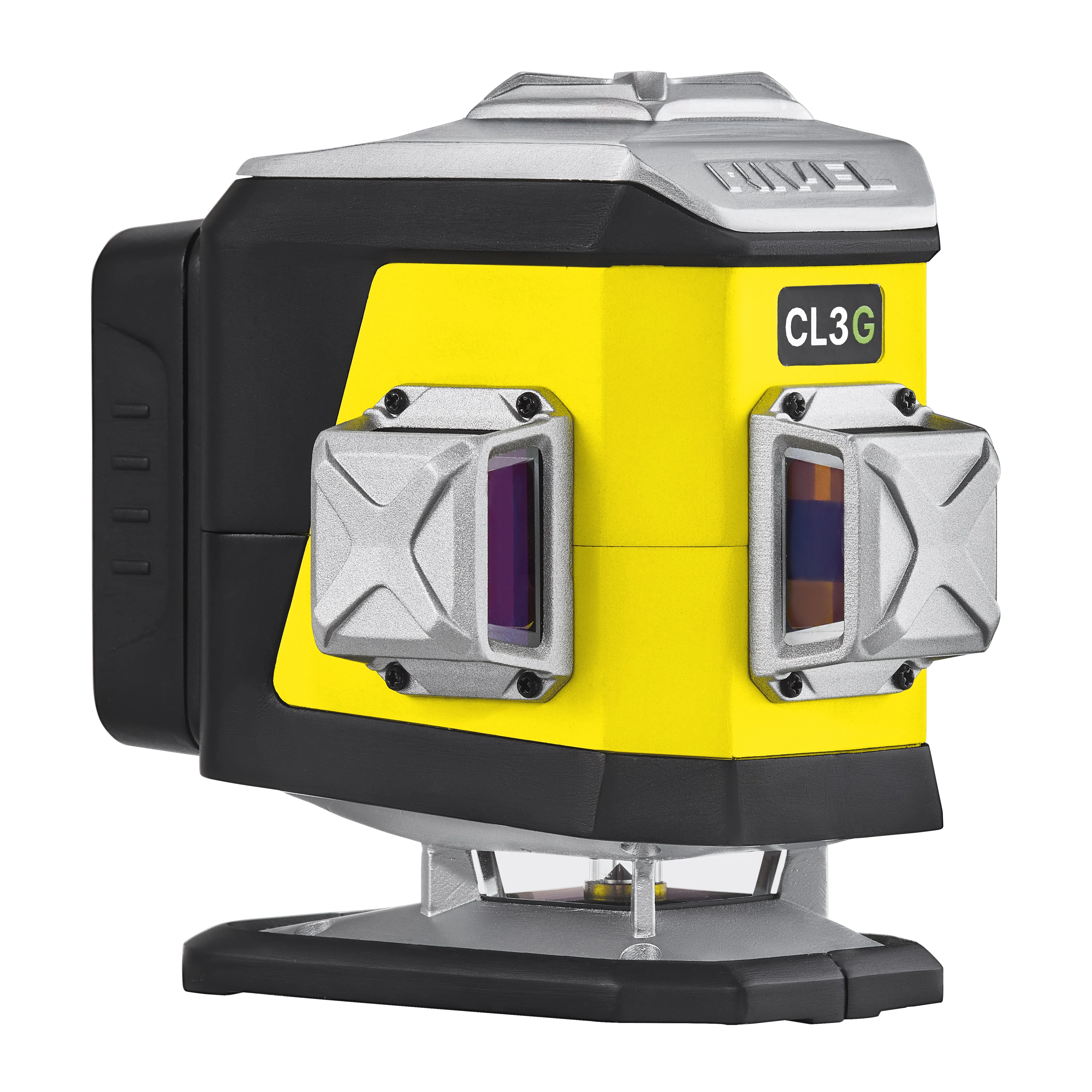Yellow construction laser level with a black base and metal mounting brackets; labeled CL3G, featuring square viewing ports and a top silver adjustment knob.