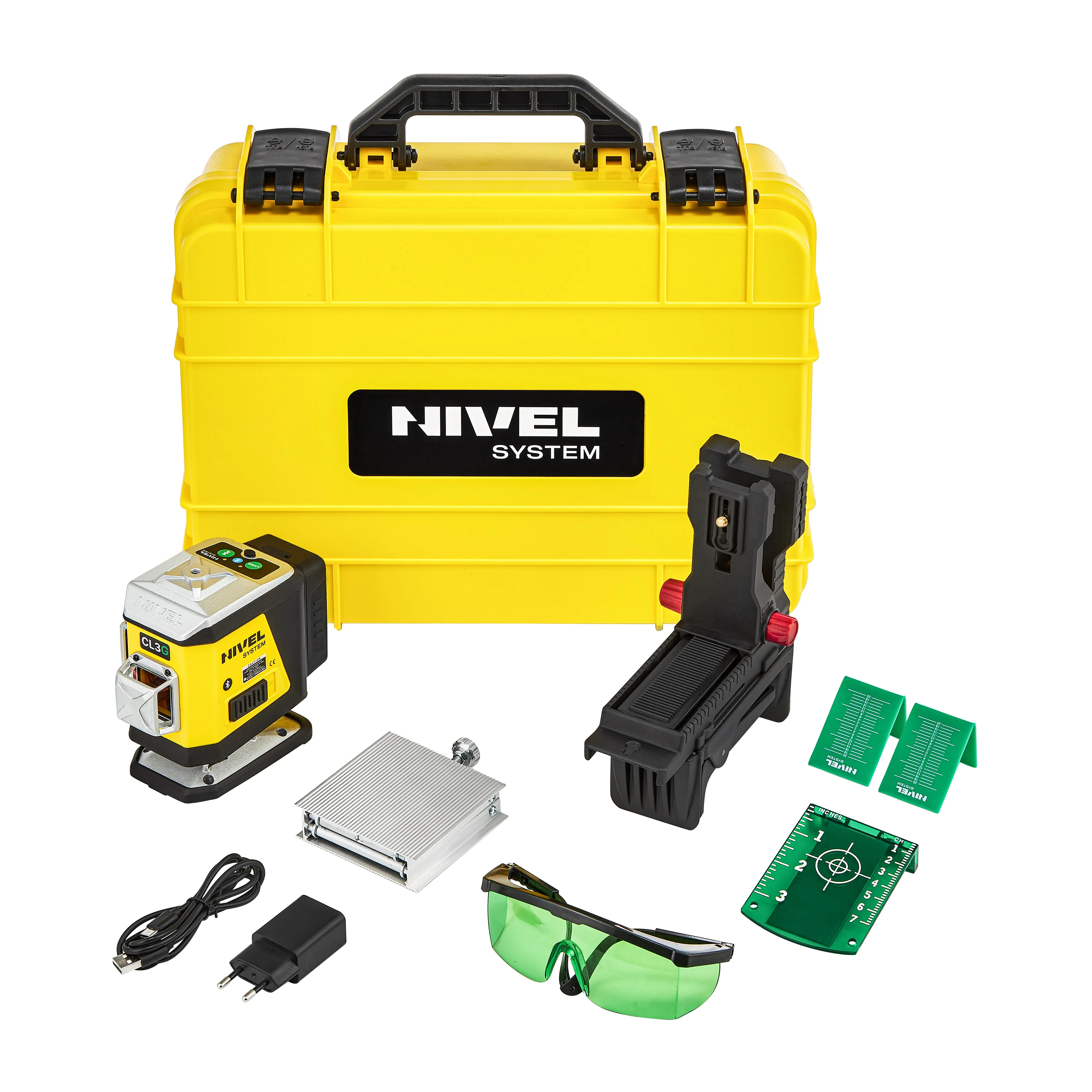 Yellow Nivel System tool case with included laser level, safety goggles, rulers, batteries and accessories laid out nearby.