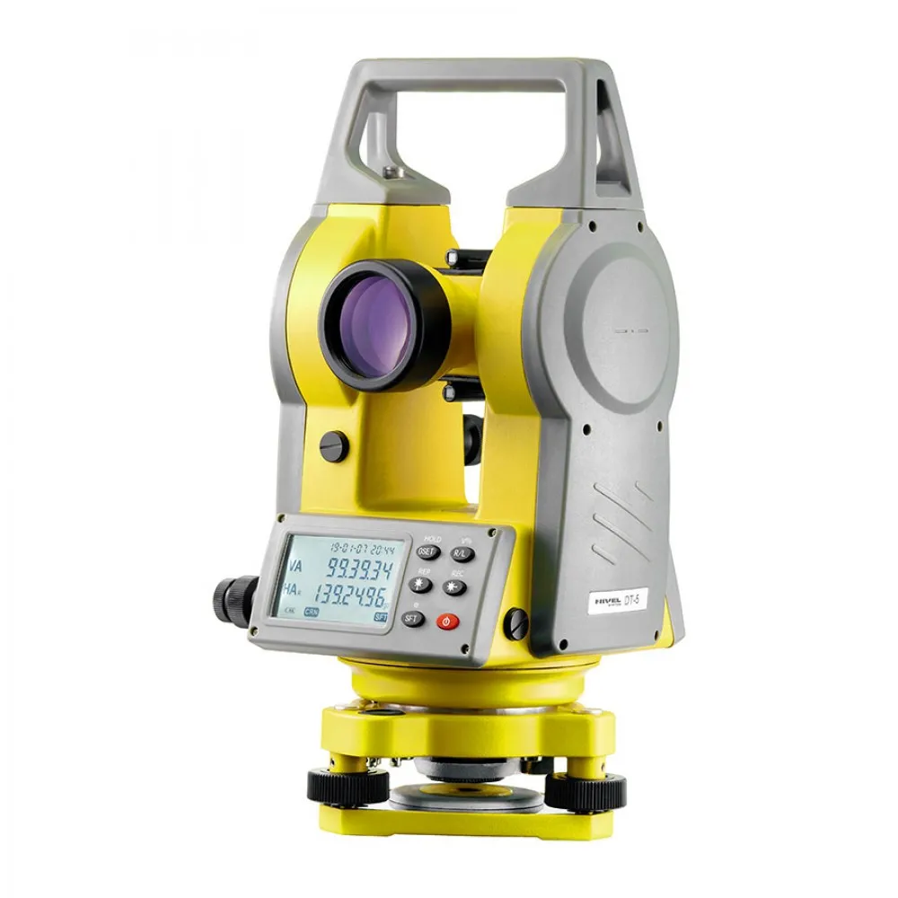 Yellow surveying total station with LCD screen and optical eyepiece on a tripod stand base.