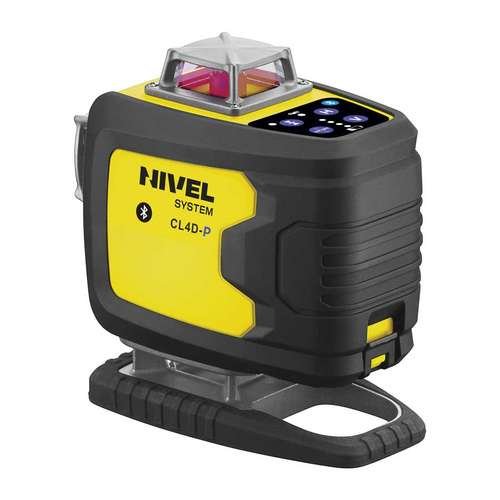 Self-leveling laser level device in yellow and black, with Bluetooth indicator, mounted on a base for leveling work applications