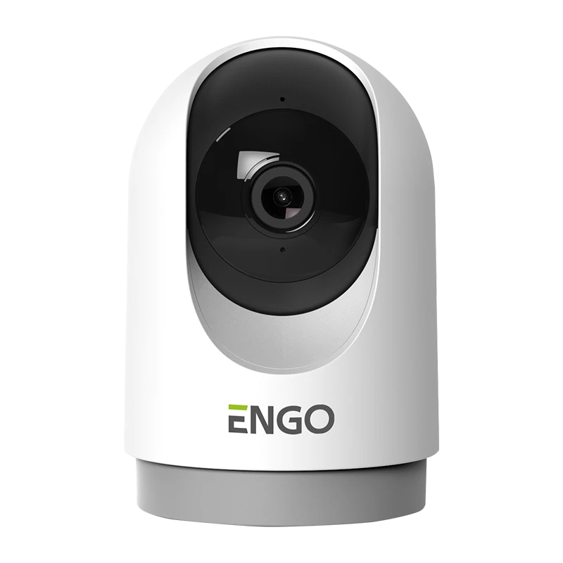 White ENGO security camera with a black circular lens on a white housing, mounted on a stand.