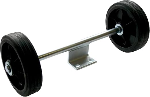Barbell with two large black weight plates on each end, resting on a small metal stand.