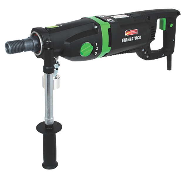 Eibenstock rotary hammer drill with adjustable side handle and depth stop, shown in black and green.