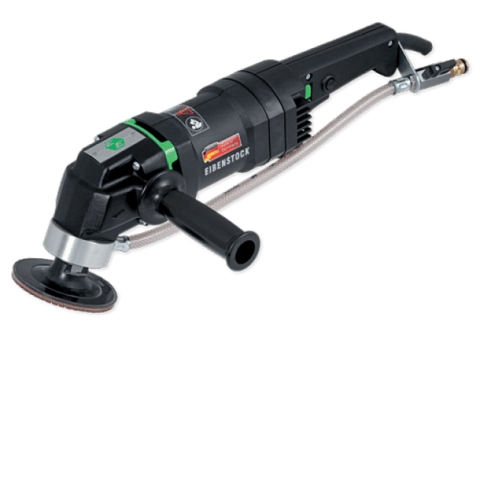 Angle grinder with a side handle and protective guard, used for cutting and grinding metal; black with green accents (Eibenstock).