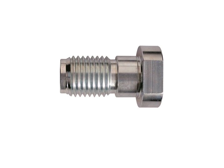 Metal bolt with threaded shaft and hexagonal head, photographed sideways in silver finish.