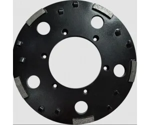 Black circular metal mounting plate with a large central hole and several smaller holes around the edge.