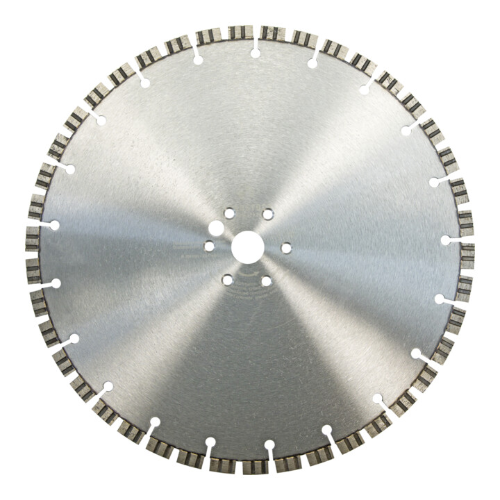 Diamond circular saw blade with segmented edge and central mounting holes, used for cutting masonry and tile materials.