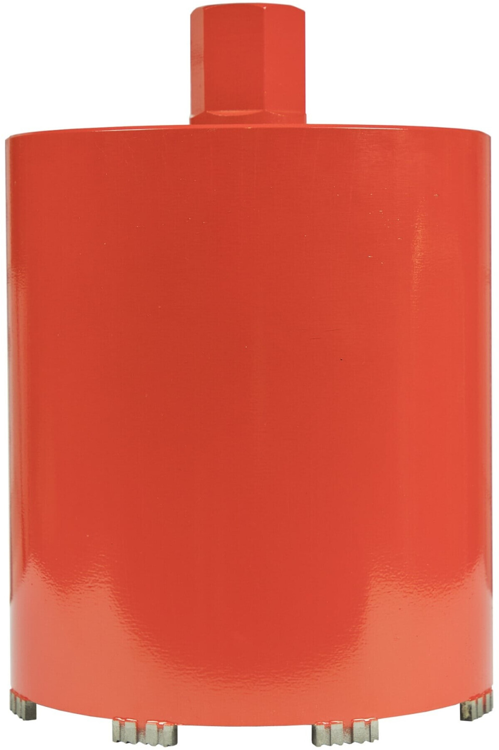 Red cylindrical metal container with a square cap on top and small metal feet around the base.