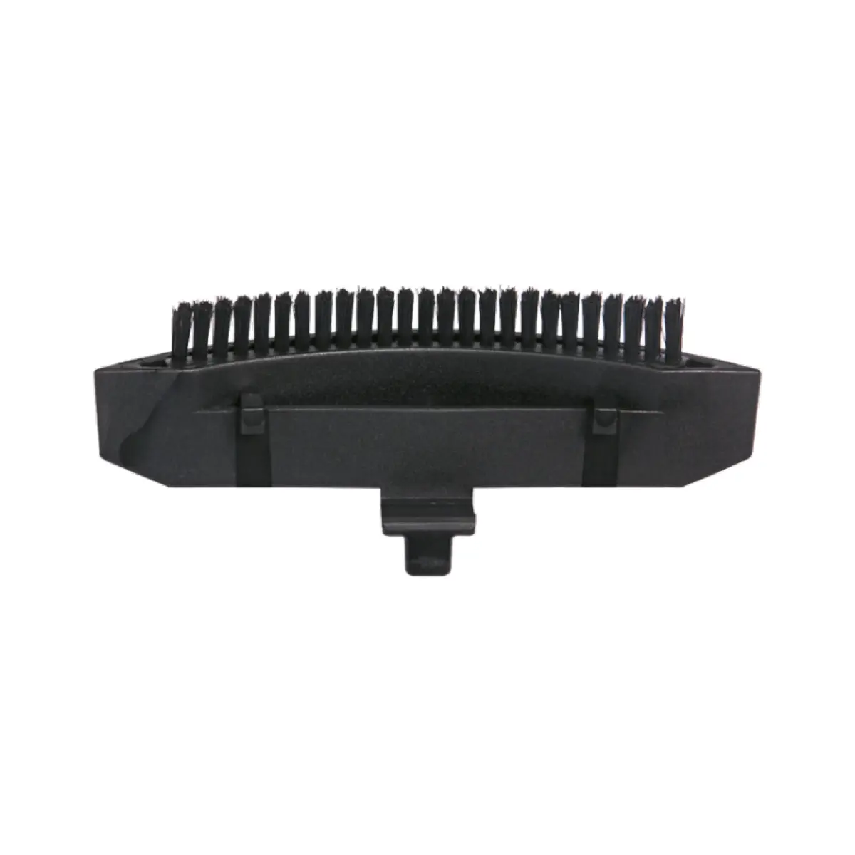 Handheld cleaning brush with dense black bristles along a curved edge for sweeping dust