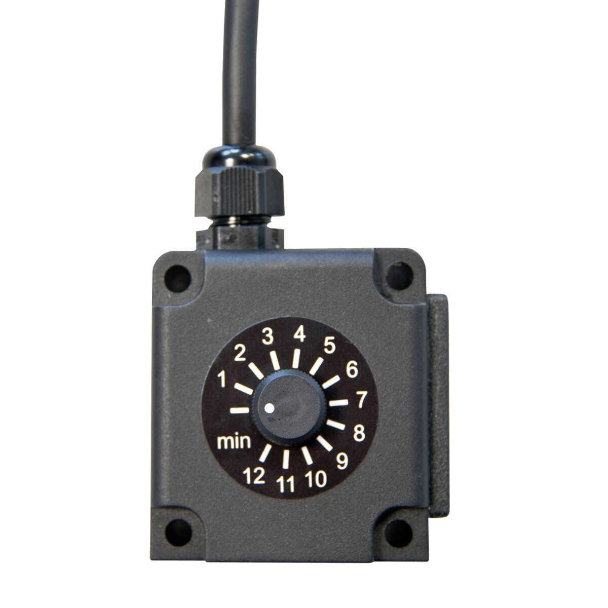 Mechanical timer with a circular 1–12 minute dial and central knob on a dark square housing; used to set a time duration.