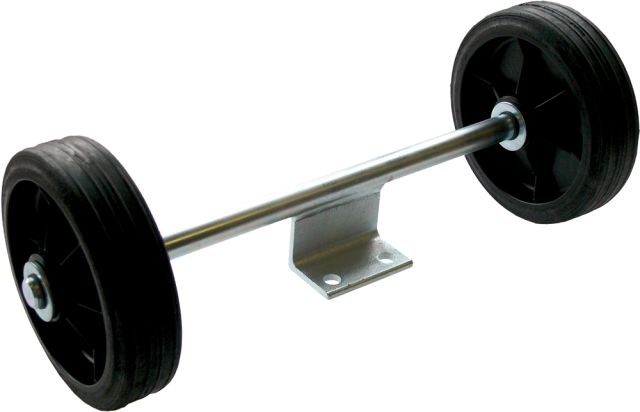 Barbell with two large weight plates on each end, supported by a small metal cradle/stand.