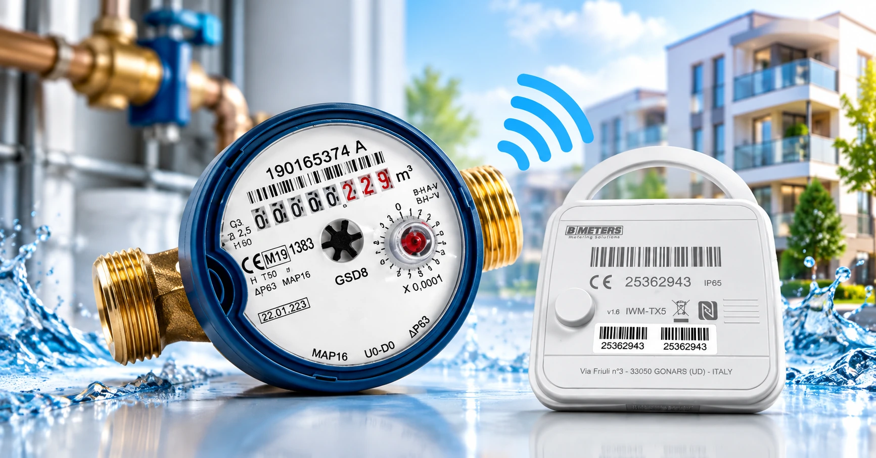 Blue water meter and wireless-enabled smart meter in front of a modern apartment building, illustrating smart utility monitoring.