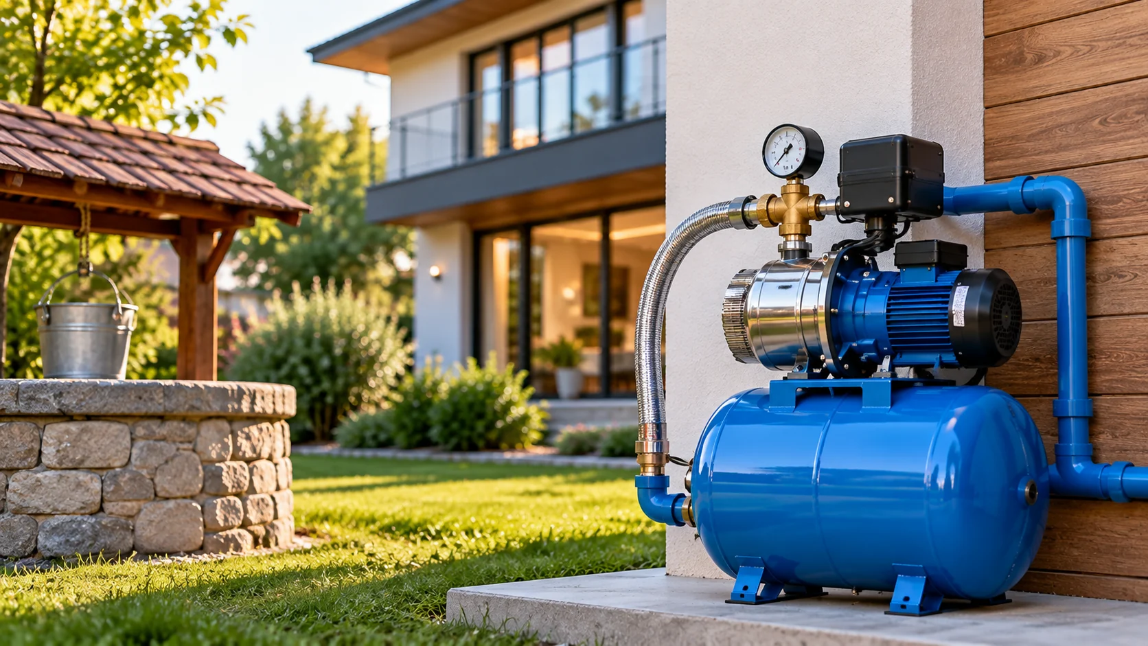 Blue outdoor water pump and pressure tank next to a house, with a gauge and metal pipes visible in a sunny garden setting