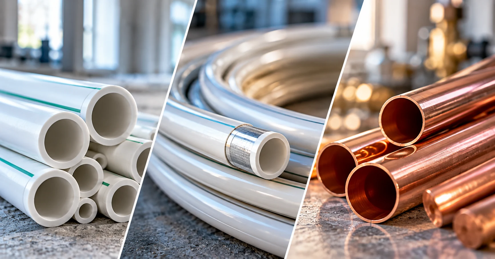 Pile of plumbing pipes: white PVC on the left, coiled metal hoses in the center, and copper pipes on the right in a workshop scene.