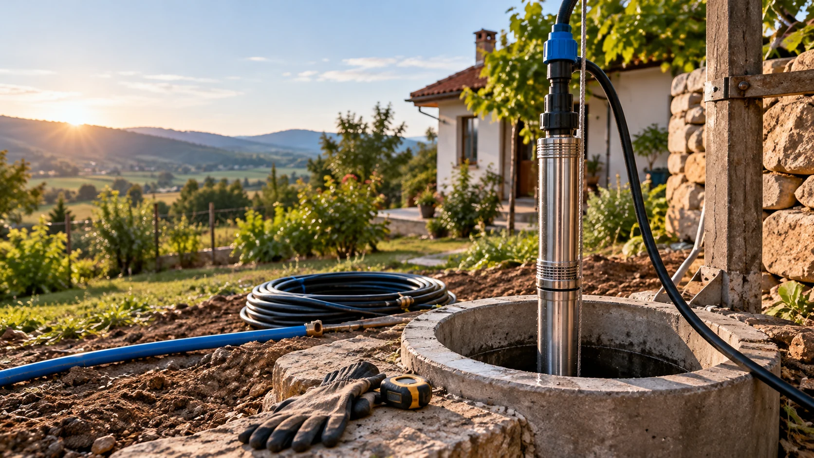 Submersible well pump installed in a concrete well, with blue hose and coil of tubing in a rural yard at sunset.