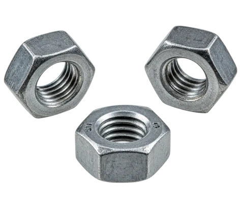 Three silver steel hex nuts arranged in a triangle on a black background.
