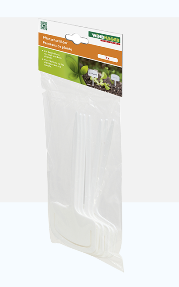 7-pack of white plastic plant labels in a sealed transparent bag, with a Windhager branded label on top