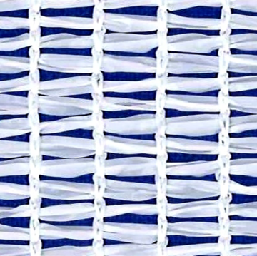 Close-up of white woven plastic mesh/netting against a blue background.